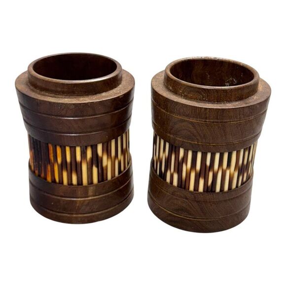 Vintage Ceylonese Handcrafted Wooden Vases Pot Pencil Holder Porcupine Quills - Picture 2 of 6